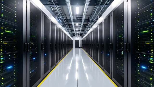A symmetrical data center hallway filled with server racks, lit by overhead lighting