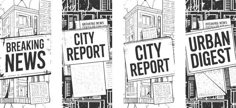 Four black and white panels featuring newspaper headlines and urban building facades breaking city