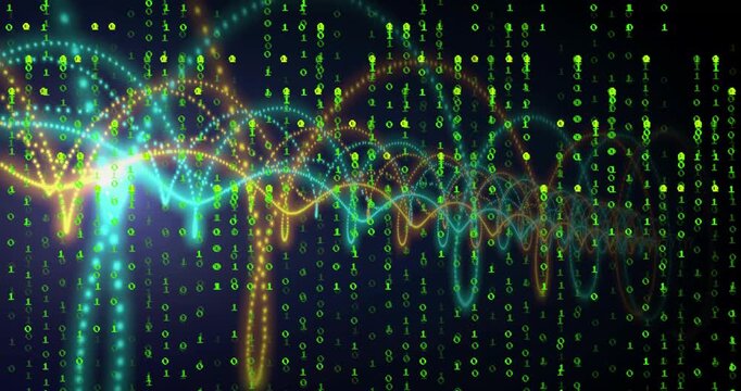 Flare sparking cyan and gold waves oscillating then drifting right showing flow over binary code