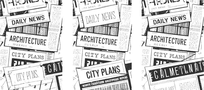 Overlapping black and white newspaper headlines and text fragments including daily news architecture weekly and city plans