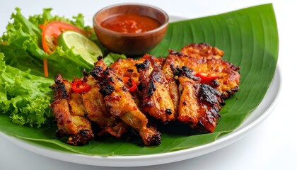 Fototapeta premium Grilled chicken dish with chili sauce, lettuce, lime, and tomato slices. The chicken is presented on a banana leaf on a white plate