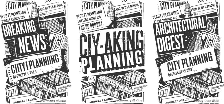 Collage of black and white newspaper clippings featuring city planning and architectural digest headlines and urban scenes