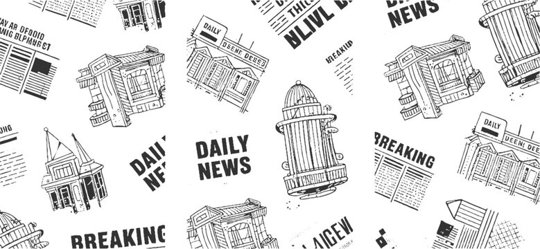 Black and white pattern of vintage buildings newspapers and fire hydrant daily breaking