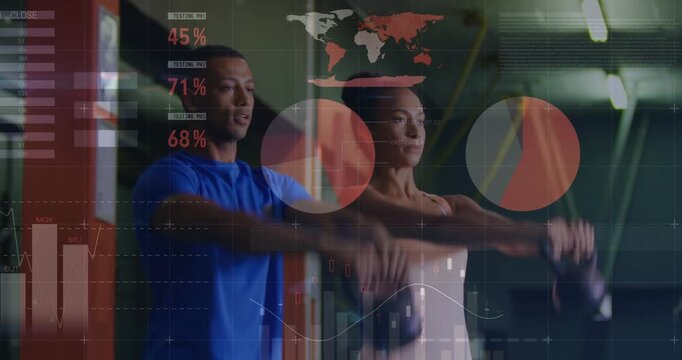 Two partners breathing then performing synced kettlebell swings in gym, HUD charts tracking reps %