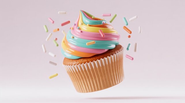 colorful cupcake with frosting and sprinkles floating dessert