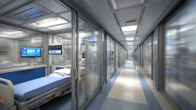 Daylight filtering into a multibay preop patient area highlighting one bays monitor and bed in sharp detail while the adjacent bays fade softly out of focus.