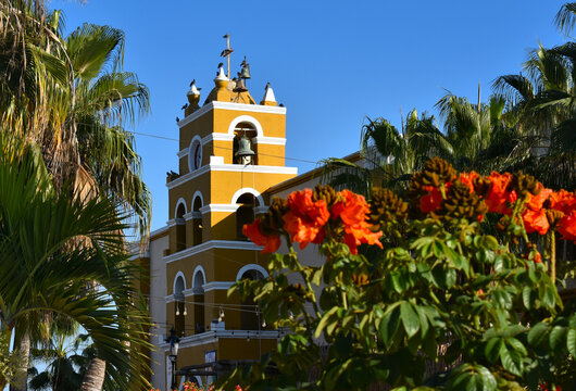 Church in the town of Todos Santos, Mexico, Baja California Sur stock photo images. Picturesque village of Todos Santos, Baja Sur Mexico stock photo