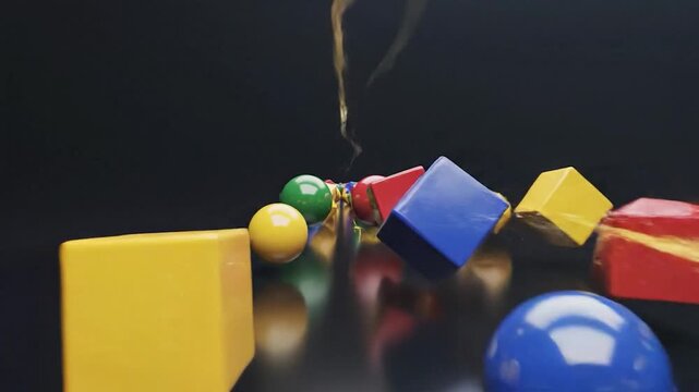 A dynamic collection of colorful geometric shapes, including spheres and cubes, scattered and tumbling in a dark, abstract space with energetic light