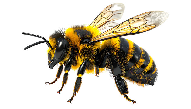 A detailed image of a honeybee, showing its wings, body and legs against a black background