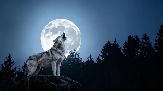 A wolf howls at the moon, silhouetted trees frame the night, a bright moon lights the scene
