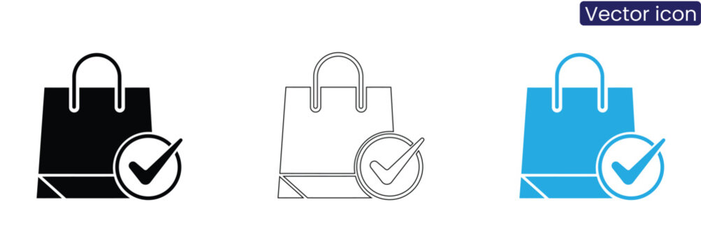 Vector icons of shopping bags with checkmarks on white background, suitable for e-commerce and retail concepts