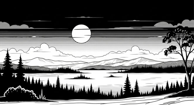 Black and white landscape with moon.