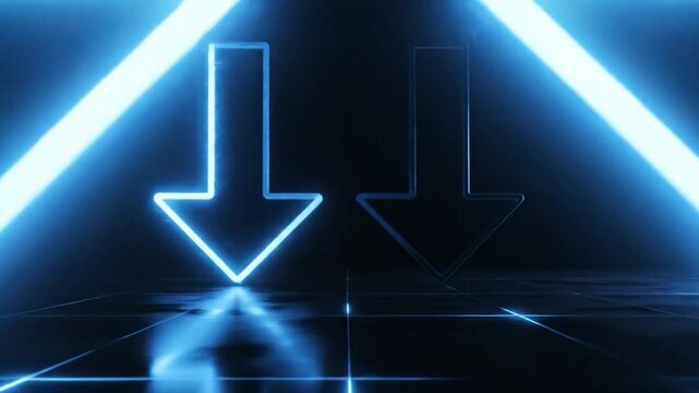 Two glowing neon blue arrows pointing downwards on a dark reflective surface with a grid pattern, creating a futuristic and abstract visual