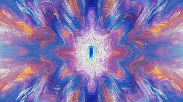 Symmetrical abstract artwork with swirling colors of blue, orange, and purple