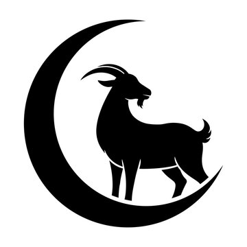 Goat In a Crescent Silhouette Graphic Isolated, Eid al Adha Concept Illustration, Minimalist Islamic Sacrifice Symbol Vector Logo