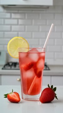 Erfrischende Erdbeerlimonade mit Eisw&uuml;rfeln und Zitronenscheibe in einer hellen K&uuml;che