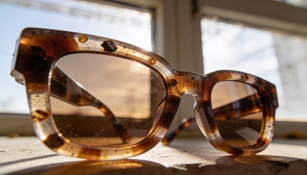 Resting tortoise acetate sunglasses catching warm sunlight on wooden sill, showing dust, scratches
