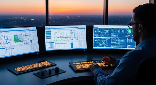 Man Working on Computer Systems in Control Room at Dusk.