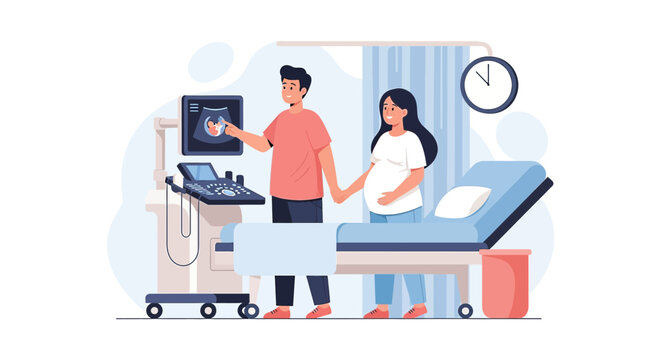 Pregnant Couple Excitedly Viewing Ultrasound Scan of Baby at Medical Clinic
