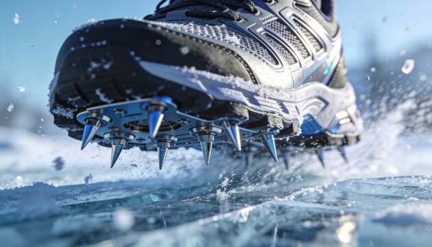 Athletic shoe contacting ice, digging spikes and sending chips spraying for running traction