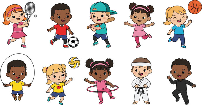 kids sports activities set, children playing tennis soccer basketball karate jumping rope hula hoop, cartoon characters, isolated, fun exercise, active lifestyle
