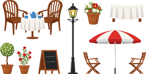 outdoor cafe furniture set, patio chairs table umbrella street lamp plants menu board, restaurant elements, isolated, flat design, cozy outdoor dining © Motiur