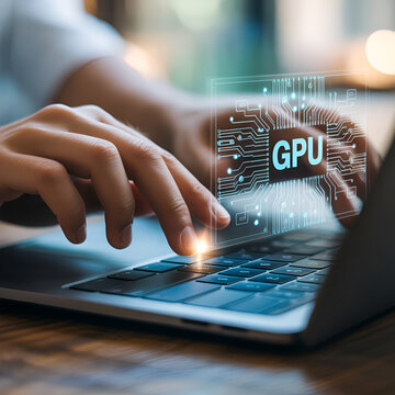 GPU Technology and Artificial Intelligence Hardware Concept, Hand Holding Semiconductor Chip and Digital Circuit Interface on Laptop, Modern Computing Innovation for Data Science and Machine Learning