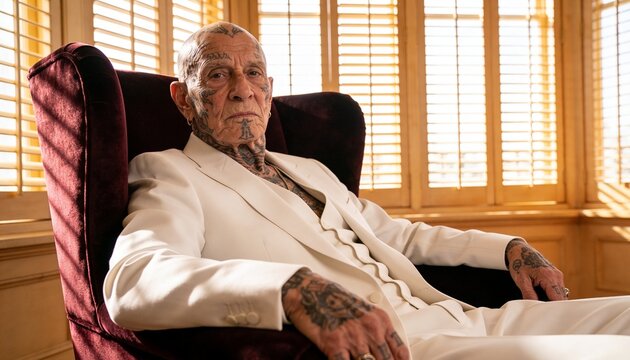 Reclining elder tattooed man wearing white suit in lounge, burgundy chair bathing in shutter light