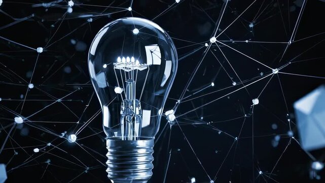 Illuminated lightbulb centered in dark space, interconnected network and sparkling nodes around it