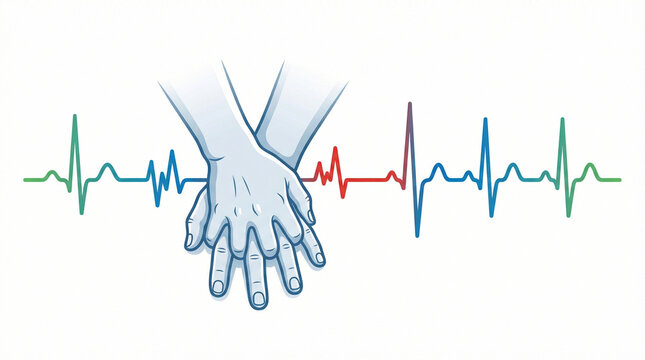CPR hands and heartbeat line clipart illustration isolated on white background; line art showing chest compression technique and EKG pulse wave. Concept of first aid training, life-saving