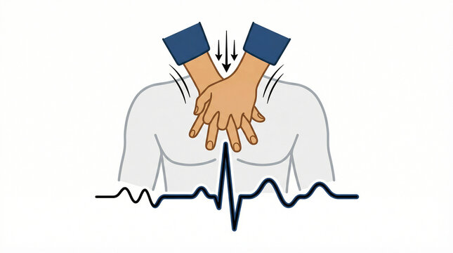 CPR hands and heartbeat line clipart illustration isolated on white background; line art showing chest compression technique and EKG pulse wave. Concept of first aid training, life-saving