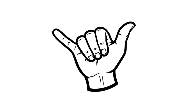 Hand making shaka hang loose sign with extended thumb and pinky finger on isolated white background.