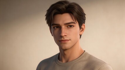Obraz premium Portrait of a handsome young man with dark hair and brown eyes looking at camera wearing casual beige sweater studio shot neutral background 3d render digital art photorealistic
