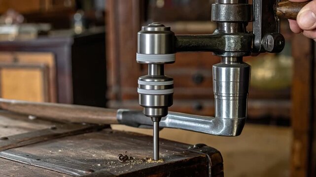 An antique hand drill bores a hole into wood. A person's hand guides the drill
