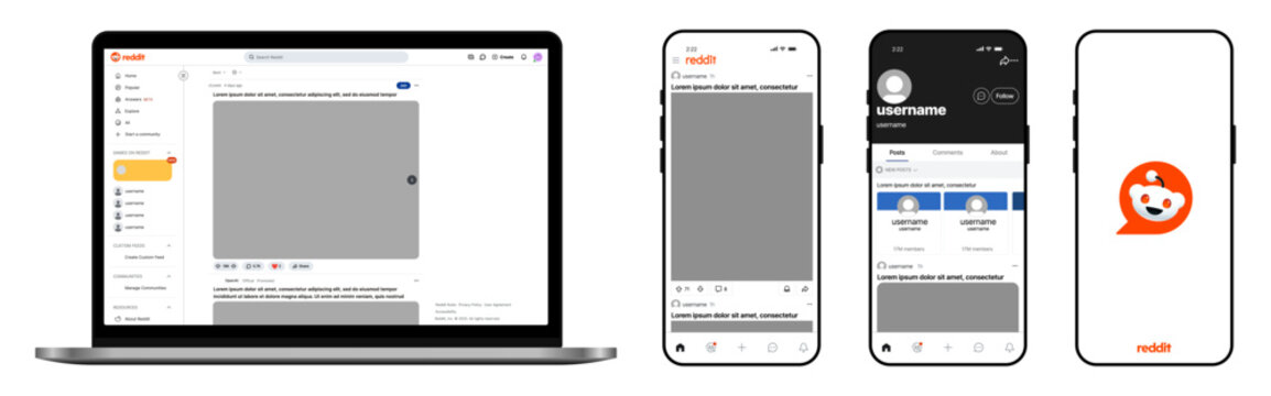 Reddit social media app UI mockup template. Reddit community discussion interface design for mobile and desktop social network platform.