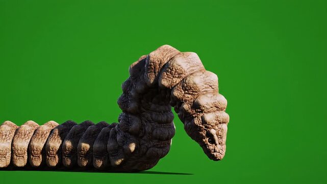 Giant Sandworm Creature Emerges Moving with Undulating Wave Motion on Green Screen Background Studio Lighting Textured Skin Segmented Body