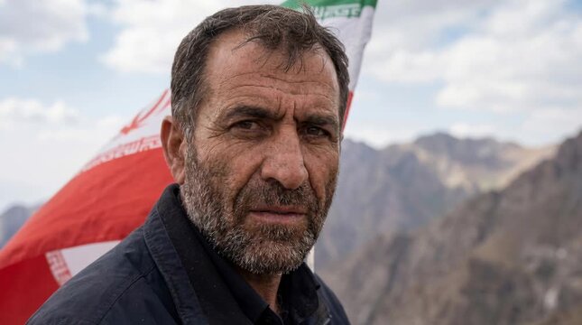 Iranian Man Standing on a Mountain with National Flag