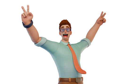 3D CartoonBusinessman Celebrating Success With Arms Raised and Peace Signs