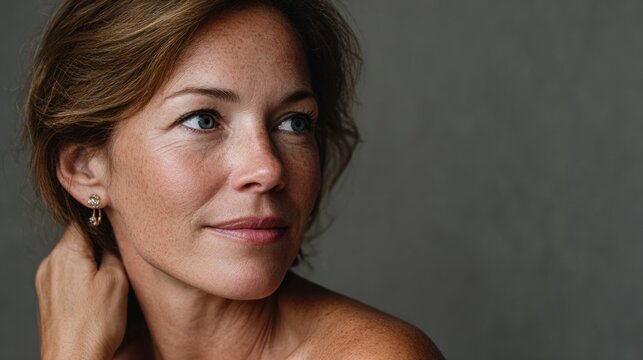A woman in her mid 40s sits gracefully with bare shoulders, showing her natural features without any jewelry