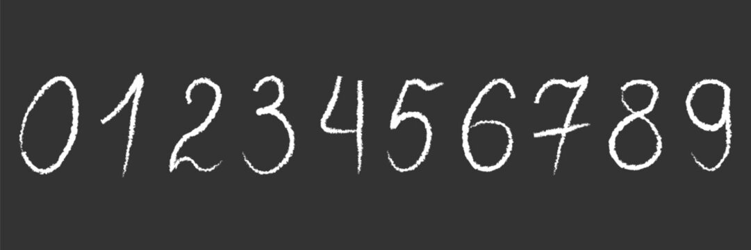 Hand drawn numbers from zero to nine with white chalk or crayon texture on black background. Minimalist sketchy digits for school chalkboard lettering and artistic educational design