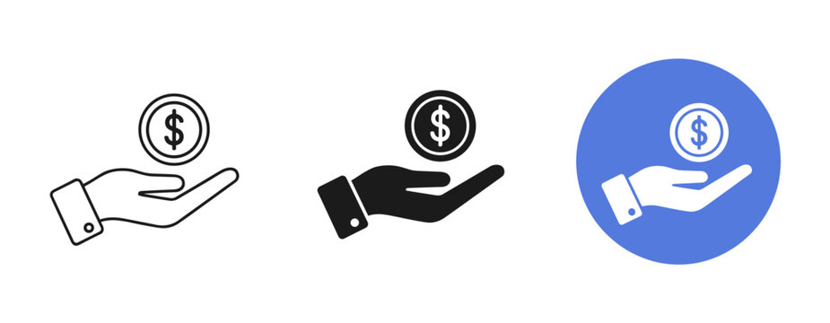 Icon set of hand holding dollar coin in black and white with blue circle variant