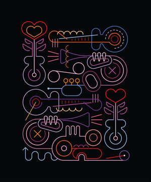 Neon colors line art isolated on a black background Abstract musical design vector illustration.