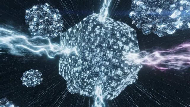 Digital data cube with binary code and lightning effect creating futuristic tech background for technology and science concept