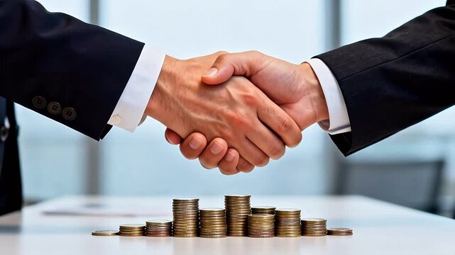 Two businessmen shaking hands over a stack of coins on a table

