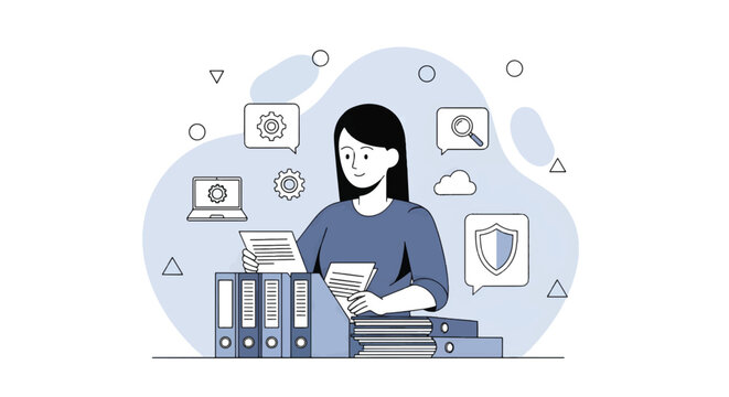 A woman sits at a desk surrounded by binders and papers with digital icons floating above her in a modern office setting with laptop computer and documents.