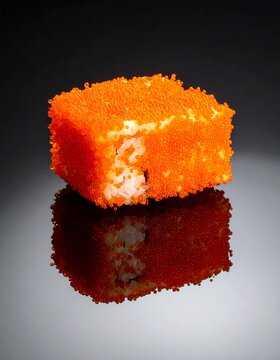 Close-up of sushi roll coated in bright orange masago roe, reflective surface
