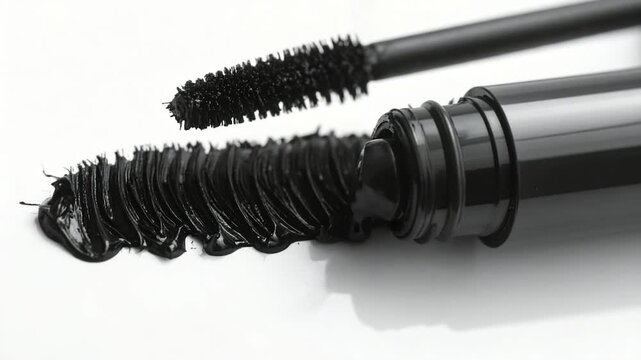 Close-up of a black mascara wand and its applicator, with a stroke of black mascara
