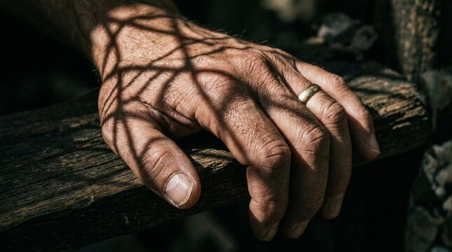 A person's hand rests on a wooden beam with sunlight casting shadows.