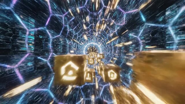 Digital data tunnel with cubes and hexagonal grid abstract background for technology and futuristic concepts video