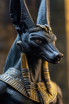 Egyptian god of mummification and the afterlife, Anubis sits proudly against a warm golden backdrop